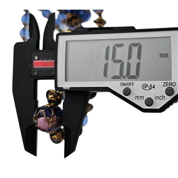 Blue Art Glass Cake Bead Necklace Knotted Brass Filigree Cap Vintage Strand - Picture 9 of 10